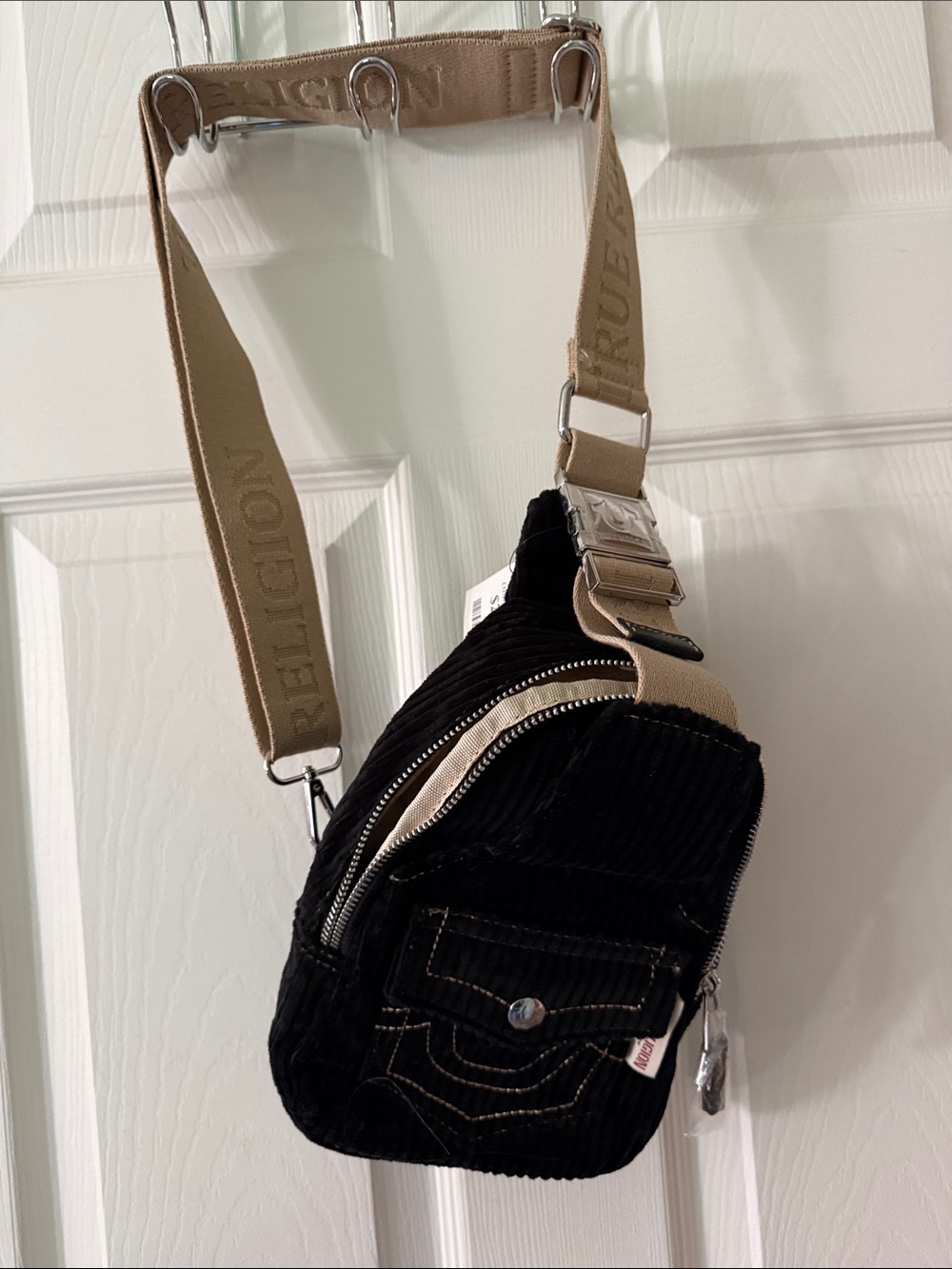 True Religion Black Corduroy Crossbody with Beige Strap